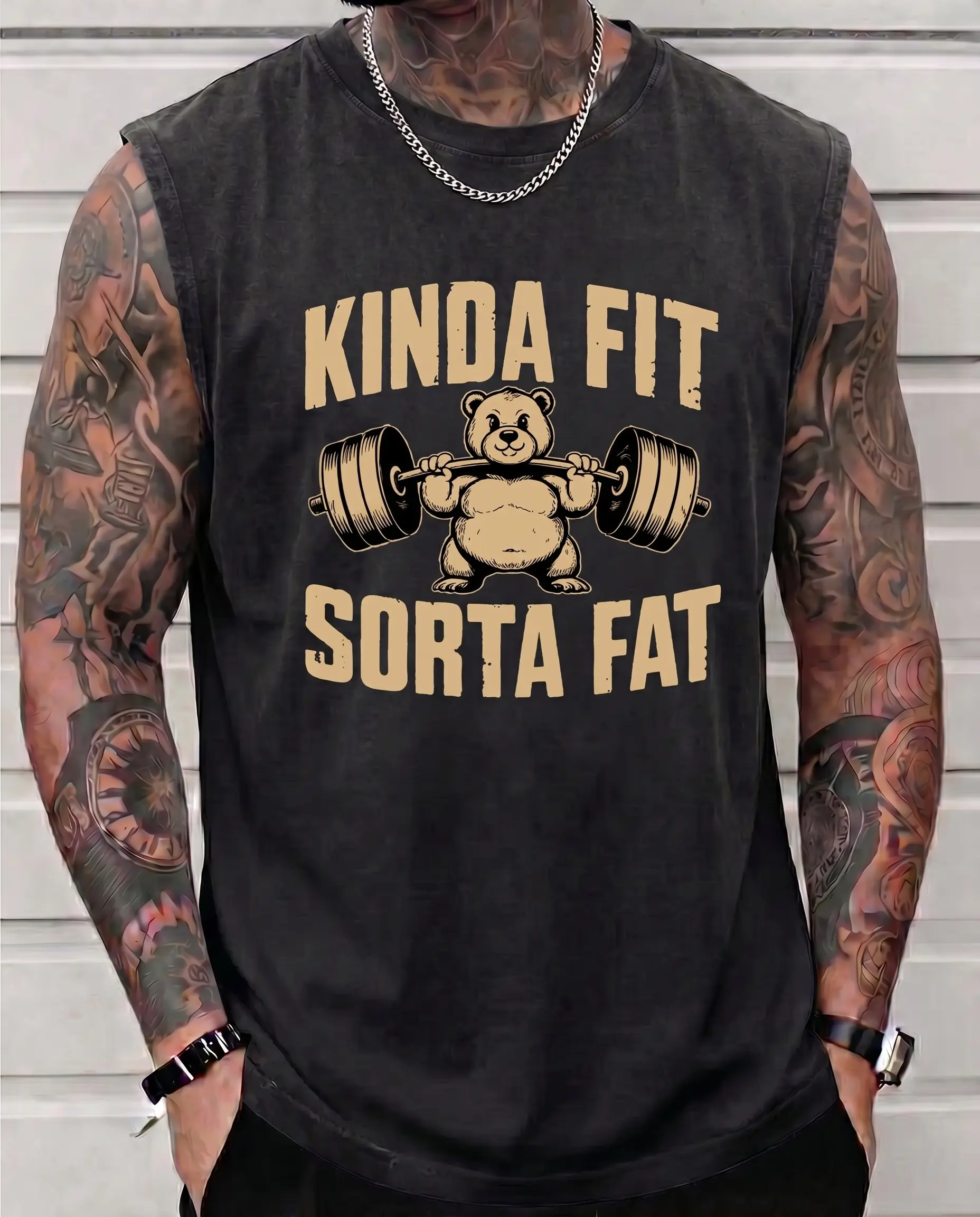 Men's Retro Acid Wash Kinda Fit Sorta Fat Bear Muscle Tank Top - Streetwear Menswear Sleeveless Gym Humor Powerlifting Dad Bod Bulking Workout Top with Quality Fabric