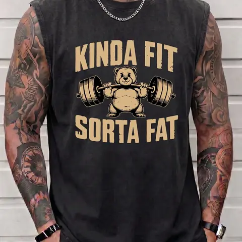 Men's Retro Acid Wash Kinda Fit Sorta Fat Bear Muscle Tank Top - Streetwear Menswear Sleeveless Gym Humor Powerlifting Dad Bod Bulking Workout Top with Quality Fabric Runs Large Size Down