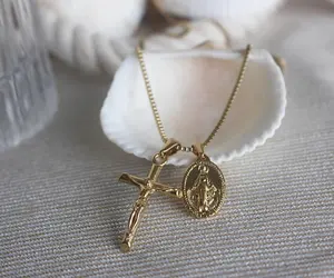 Cross Crucifix Miraculous Medal Virgin Mary Necklace Catholic Christian Gifts for Women Men 18k Gold Plated Protection Baptism Gift