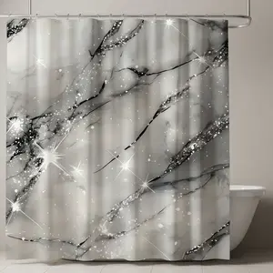 Elegant and Marble Shower Curtain, Bold Veins, Sparkling Starburst Effects, Silver Color Grommets, Modern Bathroom Decor