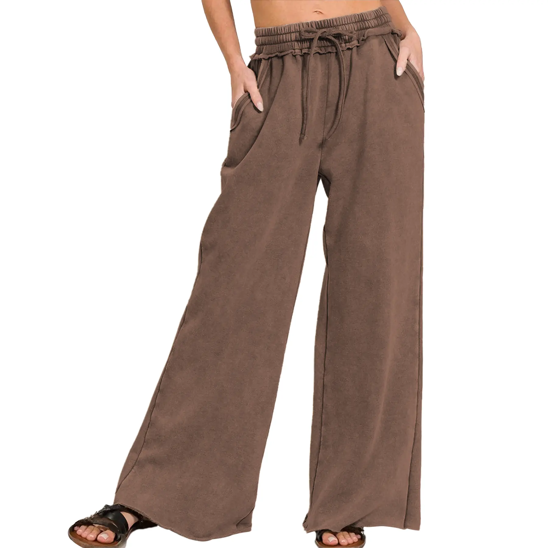 Songling Women's High Waist Palazzo Pants, Acid Wash Fleece Fashion Trousers with Drawstring, Pockets and Raw Hem, Bottom, Loose