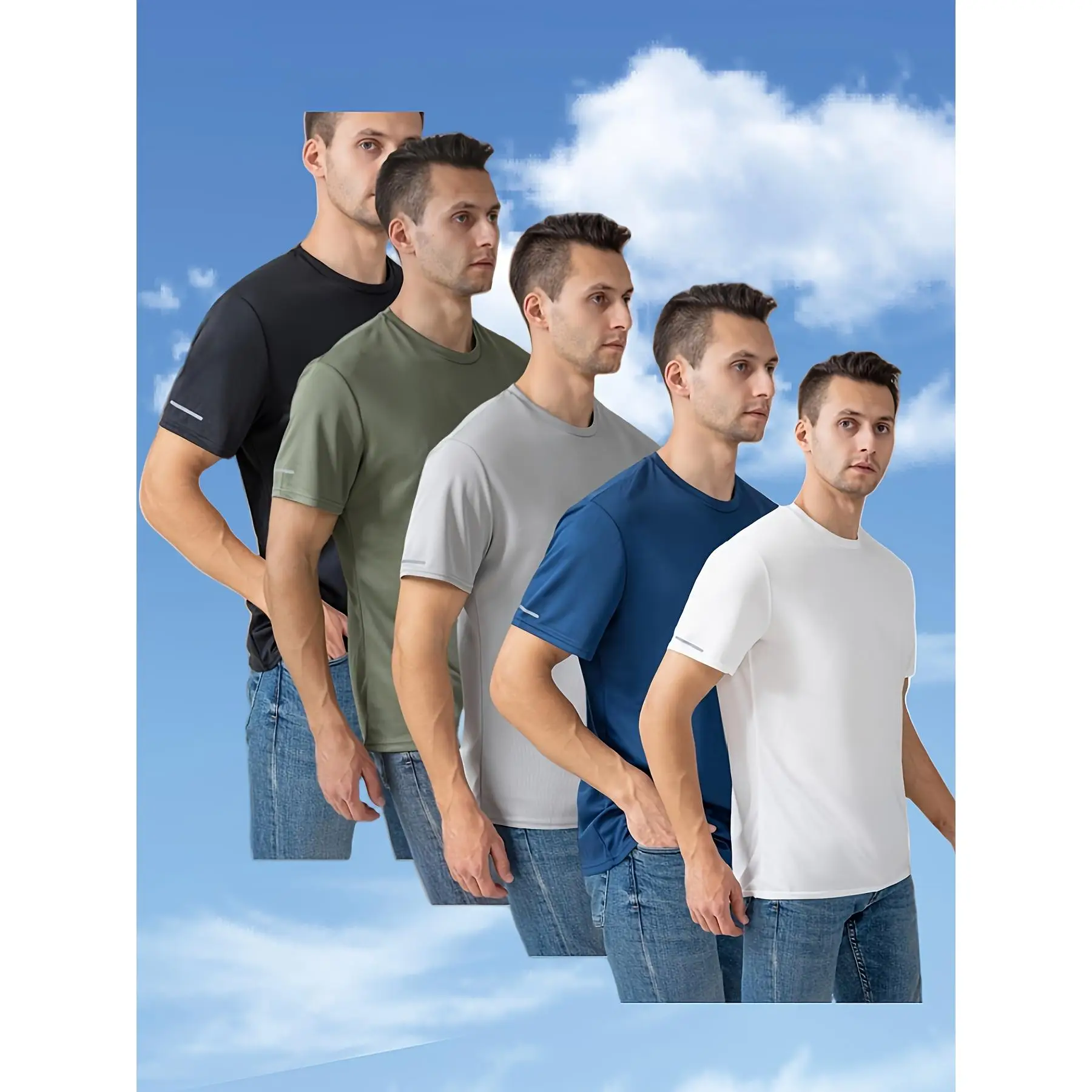 5-Pack Ice Silk Fiber Men's Summer T-Shirt - Breathable Quick-Dry Oversized Fit, 5 Color Options (Black/Olive Green/Blue/White/Gray), Stretchy and Com