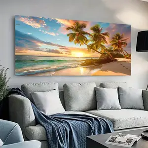 1 piece framed canvas painting, Caribbean sunset canvas art, tropical beach scene, palm trees and seascape | | Sunset palm artwork | Colorful wall decor, beach theme decor for living room, office, bedroom, home decor, office decor