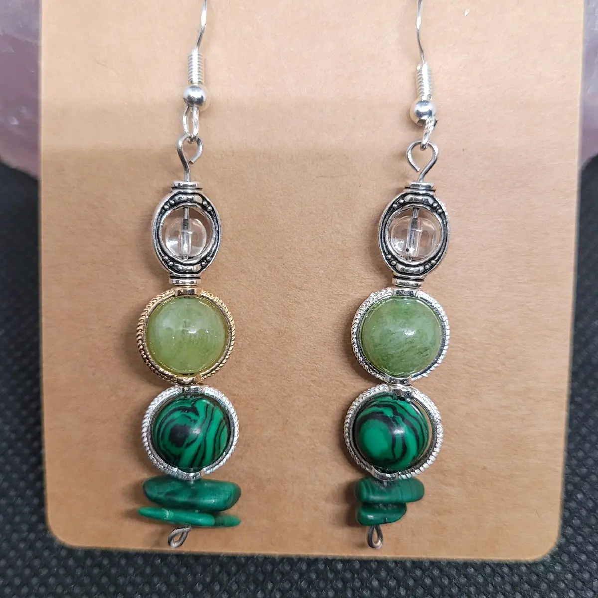 Hand-made Green Peridot, Green Malachite, Quartz Crystal bead earrings