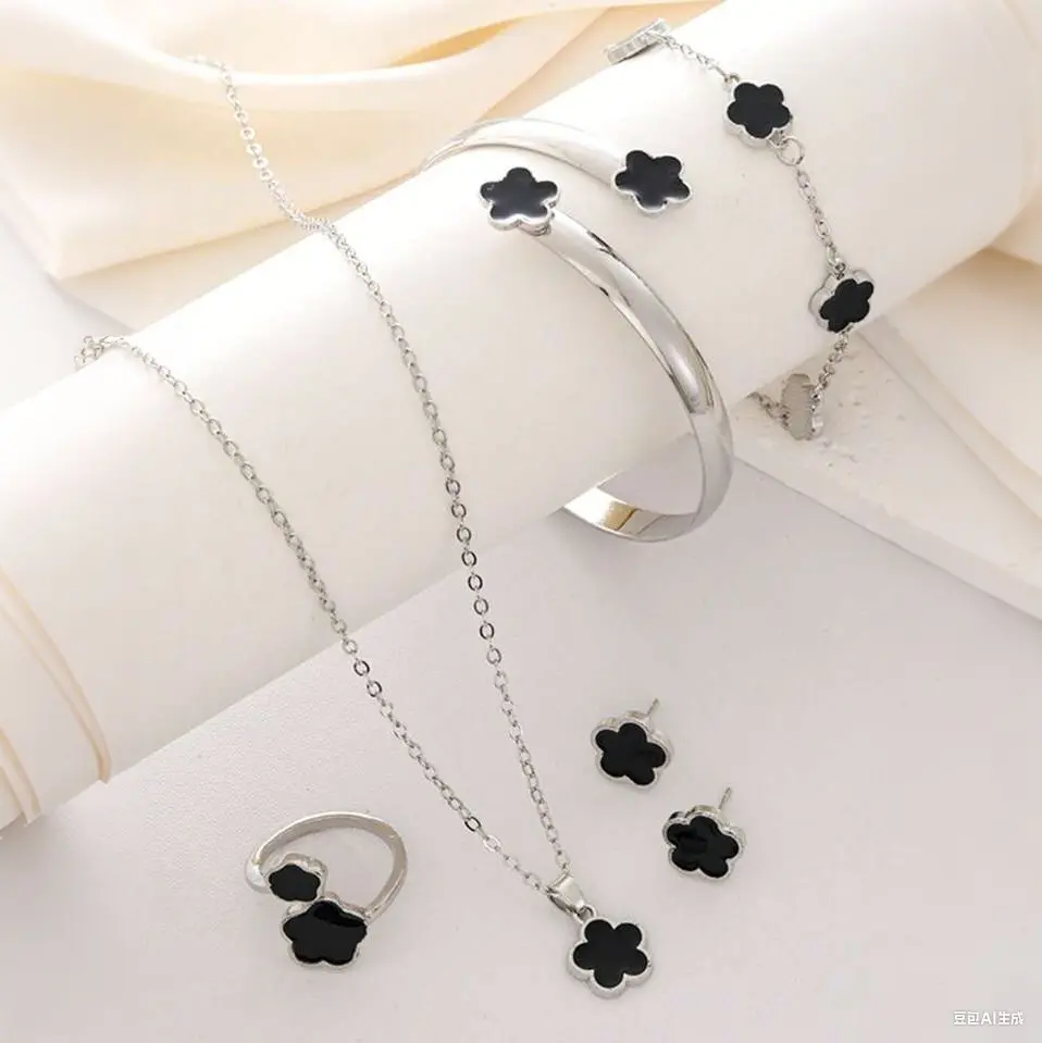 Women's Stainless Steel 5-Piece Elegant Jewelry Set - Lucky Flower Matching Necklace, Ring, Bracelet, Earrings, Dainty Festive Gift for Birthday/Anniversary, Trendy Everyday Wear (Silver), Elegant Jewelry Sets
