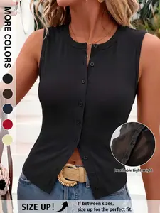Women’s Sleeveless Ribbed Tank Top Button Down Crew Neck Fitted Waist Casual Street Style Summer Outdoor Wear