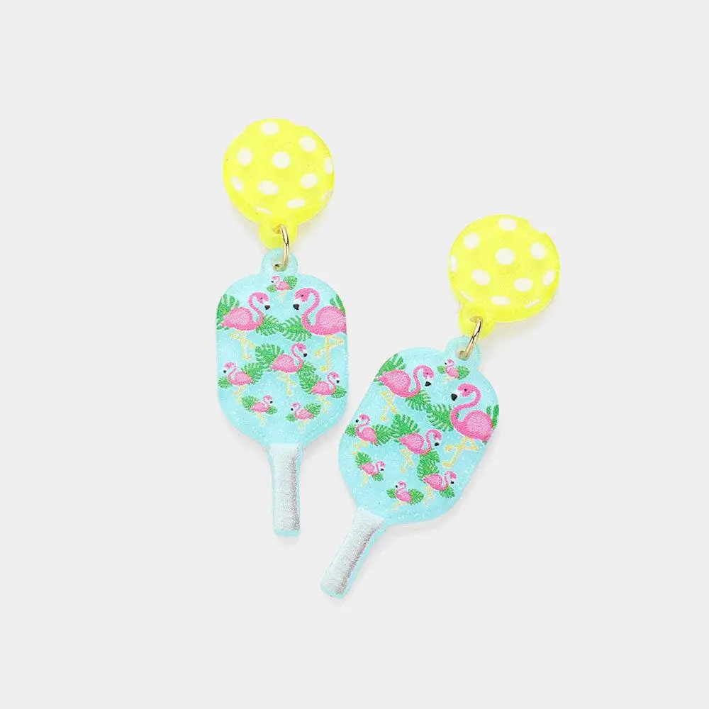 Flamingo Printed Pickleball Racquet Earrings