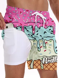 Summer Ice Cream Men's Shorts, Anti-Slip Lining, Side Pockets for Phone Keys, Quick-Dry Swimwear, Swimming Shorts, Casual Fitted Style