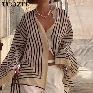 UOOZEE Lady's Polyester Blouse - 4-Season Lightweight Loose Long-Sleeve Striped Stand-Up Collar Button-Down Top, Casual Holiday Wear