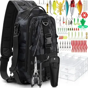 85 Pcs Fishing Tackle Kit Fishing Backpack Tackle Sling Bag Fishing Tackle Bags with Rod Holder Fishing Lures Kit Fishing Pliers Set Tackle Boxes for Men Women