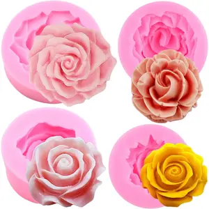 Set of 4 silicone molds for flowers: 3D rose flower fondant molds for cake decorating, cupcake toppers, polymer clay, candy, chocolate, and gum paste