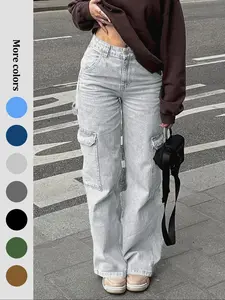 Women's High Waisted Cargo Jean with 6 Pockets Straight Wide Leg Denim Pants Casual Baggy Bottoms Streetwear Trouser