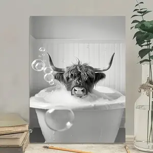 1pc Highland Cow in Bathtub Print, Funny Animal Bathroom Wall Art, Frameless Canvas Poster, Whimsical Wall Decor, 12x16 inches, for Home, Bedroom, Kitchen, Living Room, Hotel, Cafe, Office Funny Canvas Art