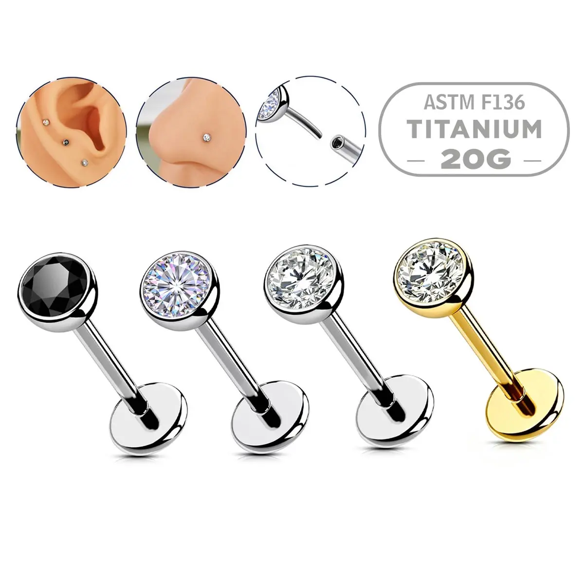 OUFER 20G ASTM F136 Titanium 7mm Bezel-Setting CZ Threadless Secure Push Pin Flat Back Nostril Nose Ring - Heart-Star, Non-Tarnish Dainty Body Jewelry, Silver/Gold/Black for Women's Daily Wear