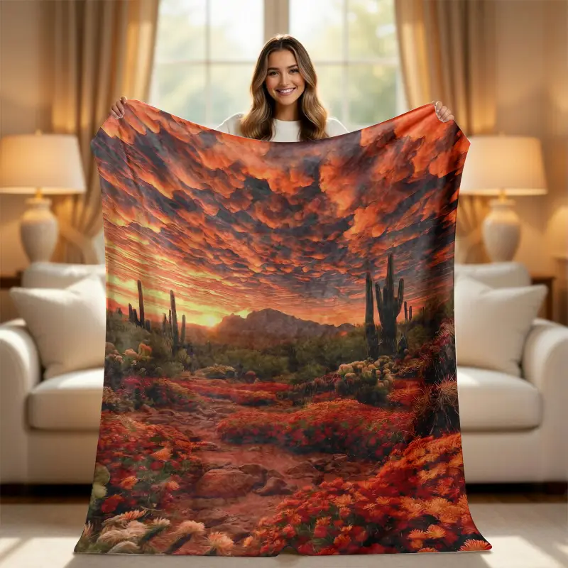 Western Desert Sunset Throw Blanket - Classic Western, Boho, Farmhouse Boho, Cactus Shape Blankets, Cozy Saguaro Cactus Decor for Couch, Sofa, Bed, Soft Warm Gift for Nature Lovers, Western Blankets