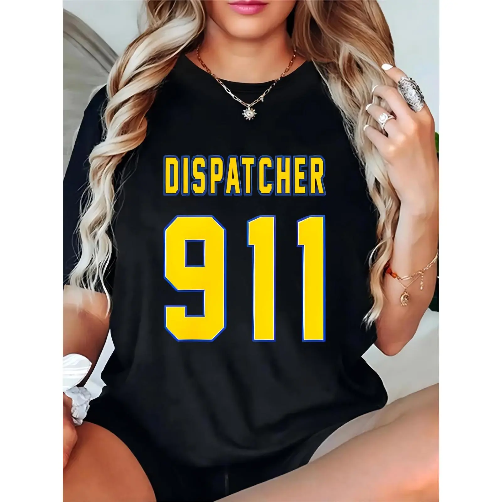 Women's Black DISPATCHER 911 Graphic T-Shirt, Yellow & Blue Outline Text, Casual Daily Workwear for 911 Dispatchers, Crew Neck Tee 100% Cotton T-shirt