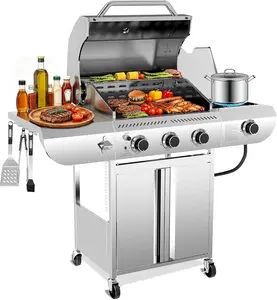 3-Burner Propane Gas Grill with Side Burner – 34,000 BTU Stainless Steel Outdoor BBQ Grill, Cast Iron Grates, Portable with Wheels for Patio, Camping tiktokshopspringglowup