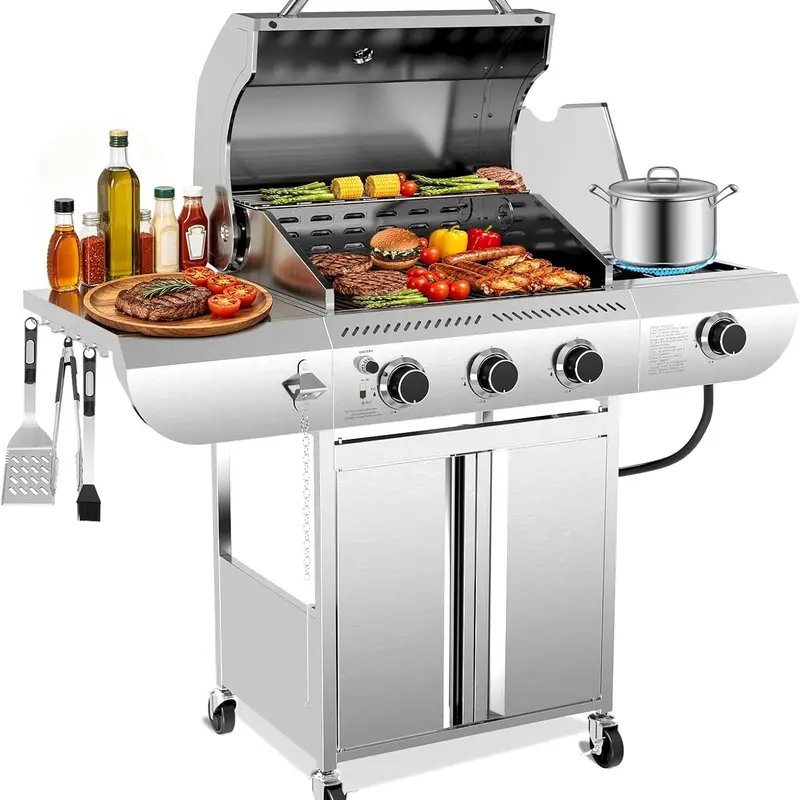 XBEAUTY Portable 3-Burner Propane Gas Patio Barbecue Grill Stove, 34,000 BTU Stainless Steel, Side Burner, 489 sq in. Cooking Area, Cast Iron Grates, Transport Wheels, Storage Shelf, Assembly Hardware, for Family Gatherings, Backyard Camping techvibes