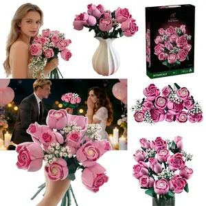 Pink Rose Bouquet Building Block Set 789 Pcs, Valentine's Day Gift for Adults Model 10374, Artificial Roses Bouquet