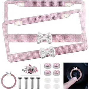 Bling Bow Car License Plate Frames for Women,Shiny Car License Plate Holder Kit with Rhinestones Push Start Button Cover,Stainless Steel Cars Plates Frame for Cars Decorations (Pink and White)