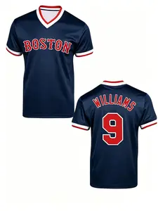 Boston Ted Williams #9 Retro Baseball Jersey, Navy Blue V-Neck with Red/White Trim, Breathable Quick Dry Tee for  Fans, Vintage Collectors & Streetwear Enthusiasts