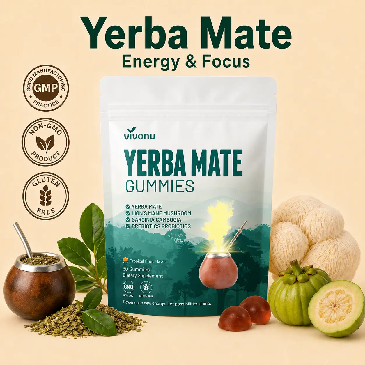 【FINAL DEAL】VivoNu Yerba Mate Gummies｜With Lion’s Mane + Prebiotics & Probiotics｜Focus + Mood Balance｜Gut Support｜Plant-Based Formula｜60 Gummies