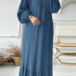 Elegant Middle-Eastern Style Abaya - Solid Color, Long Length, Polyester Blend, Bubble Long Sleeves, Ruffle Hem - Women'S Spring/Fall Maxi Dress