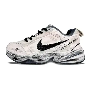 Nike Air Monarch 4 Retro Sneakers: Distressed Hand-Painted Gradient Design, Unisex Low-Top Dad Shoes with Enhanced Fit Trending Shoes, House White Official Shoes to Get / Maison Mihara