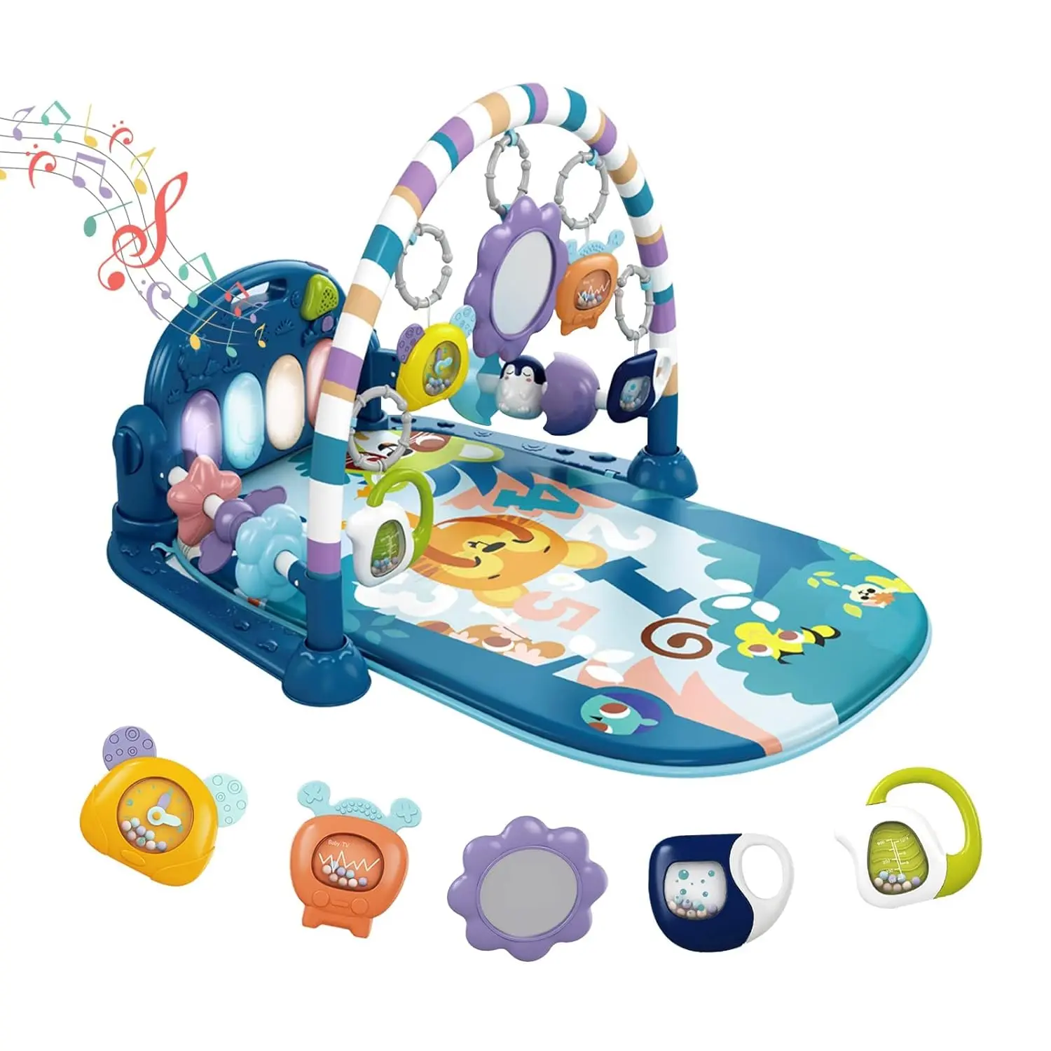 dearlomum Baby Play Mat Gym with 5 Sensory Toys, Music, Lights, 6 Modes for Tummy Time, Kick, Play, and Take-Along, Safe & Comfortable for 0-12 Months