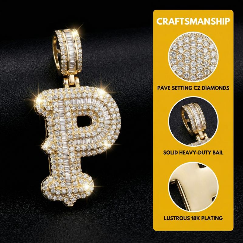 Personalized lced-out Bubble Initial NecklaceFor Men HipHop Zirconia Letter Necklace ForWomen 24 inchesLong Stainless Steel RopeChainT26 Alphabet Neckiace For WomenCharms