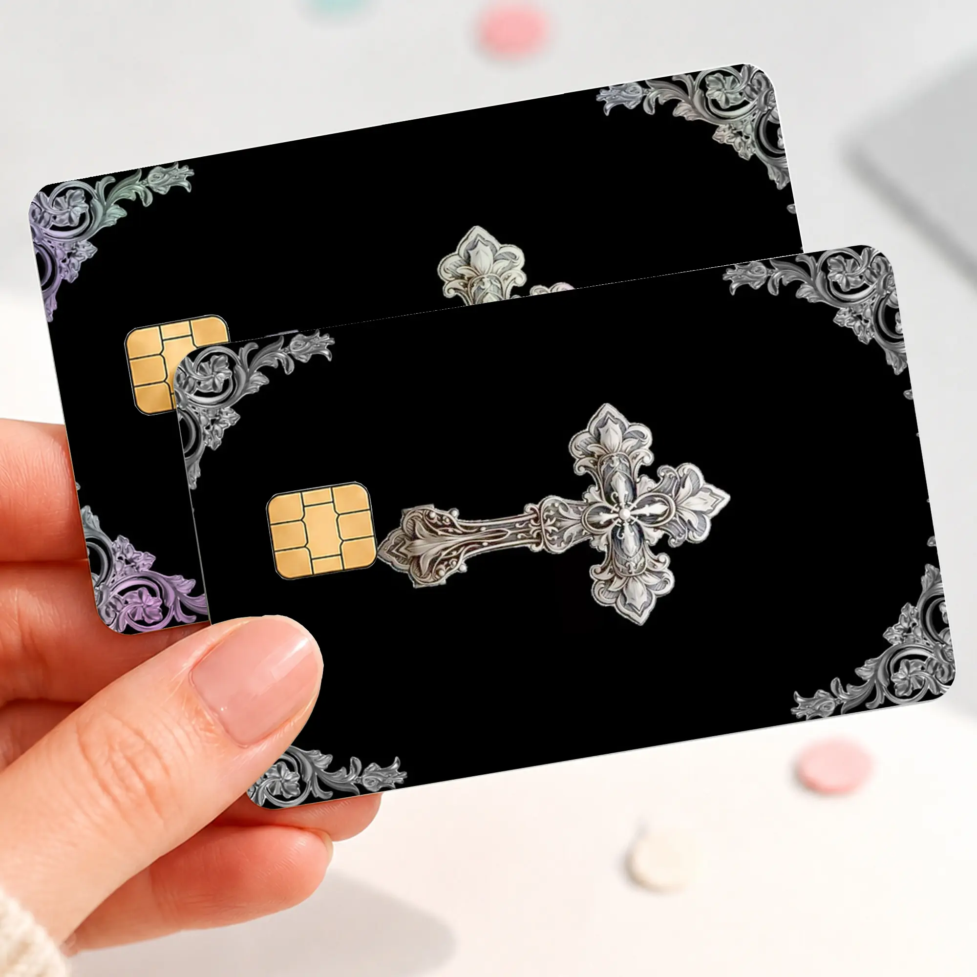 Silver Gothic Cross Credit Card Skin Sticker, Black Christian Debit Card Cover, Baroque Religious Bank Card Decal, Dark Luxury Faith Card Wrap Gift