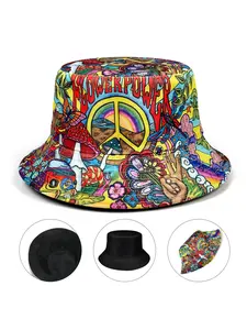 Unisex Flowerpower Peace Bike Vintage Punk Fisherman Hat, Reversible Print Bucket Cap, Outdoor Sports & Casual Fashion Accessory