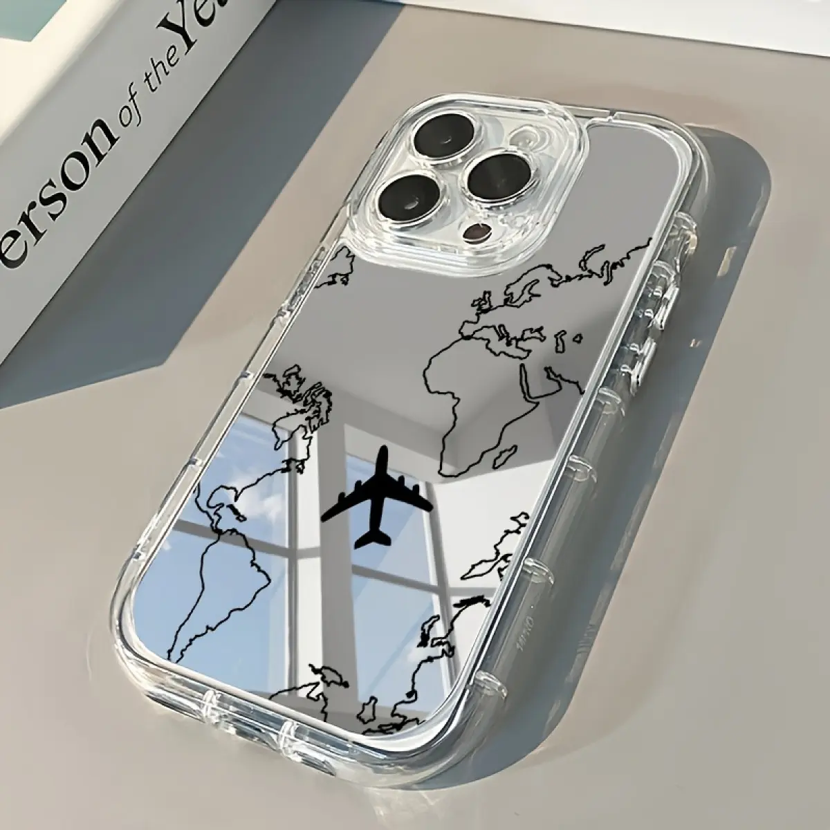 Mirror Finish Phone Case for iPhone 17/16/15/14/13/12/11 Pro Max/Pro/Plus, TPU+Acrylic, Electroplated World Map & Aircraft Print, Shockproof Stylish Mobile Phone Accessory, Iphone 15, World Map Print