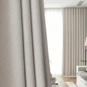 Modern Simple Cotton Linen Herringbone Curtain, Windproof Insulated Living Room Bedroom, Thickened Soundproof Full Shade Drapery