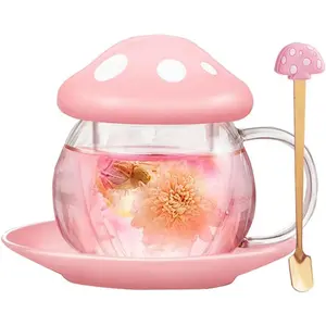 Tea Cup Set, Cute Glass Tea Cups and Saucers, Kawaii Tea Cup with Infuser for Loose Leaf Tea Steeper, Coffee Mug Gift for Women, Tea Infuser Mug with Lid for Mother Girls (Pink)