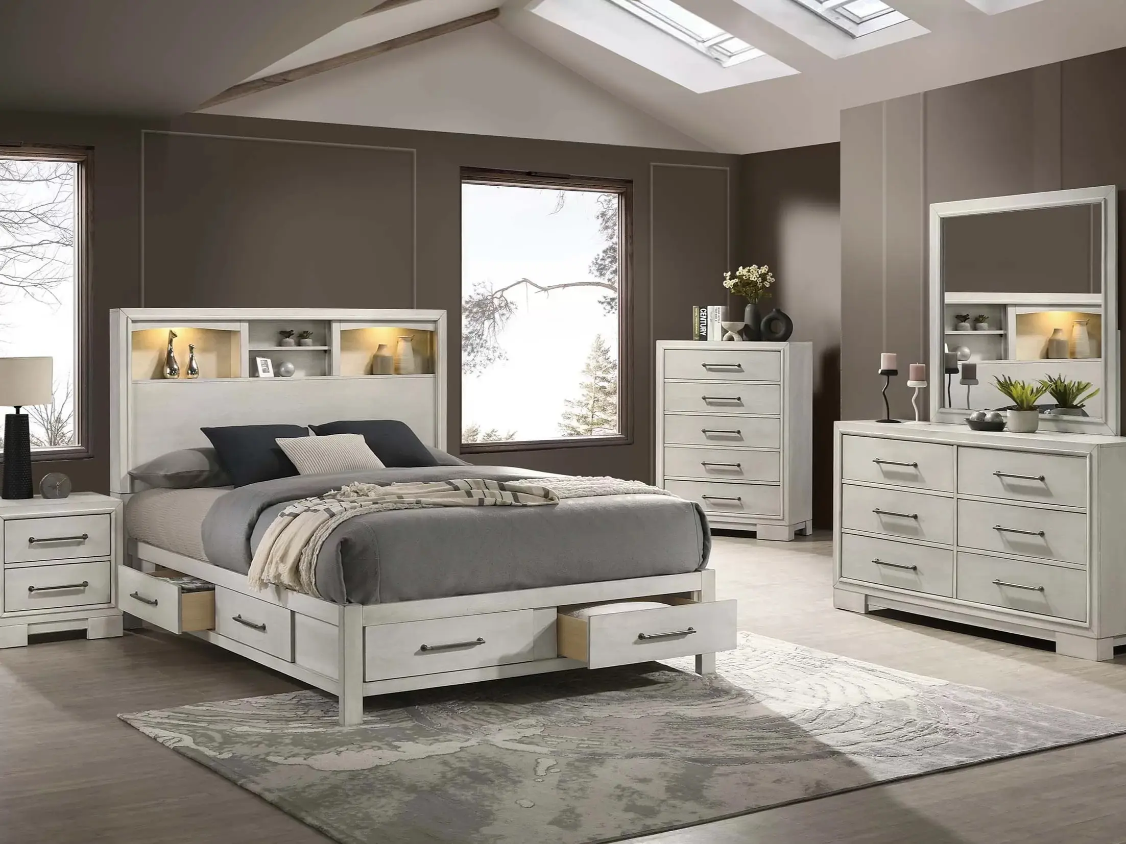 Poundex F9674Q-4PC 4-Piece Antique White Wood LED Lighting Storage Queen Bedroom Set with Headboard, Drawers, Nightstand, Dresser, Mirror - Eastern King Available, Bedroom Decor, Dresser Set, Dresser Set Bedroom
