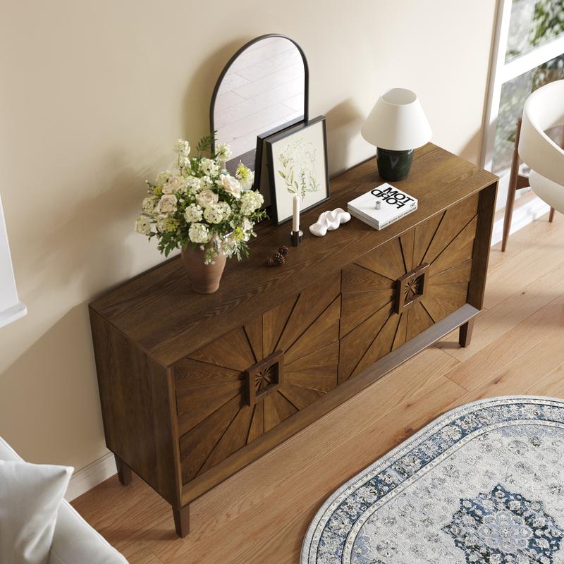 Sideboard Buffet Cabinet, 60" Large Accent Credenza Cabinet with Sunburst 4 Doors & Adjustable Shelf for Living Room, Rustic Brown Kitchen Buffet Table with Storage, TV Stand Media Console