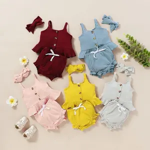 Newborn Baby Girl Summer Clothes Infant Girl Outfits Sleeveless Ruffle Hem Button up Top and Elastic Waist Bloomer Shorts 2Pcs Cute Girl Set