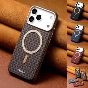 Luxury Business Bitmap Leather Magnetic Phone Case For iPhone 17 16 15 14 13 Pro Max 17Pro 17Air Metal Lens Button Bumpe Cover Protection Protective