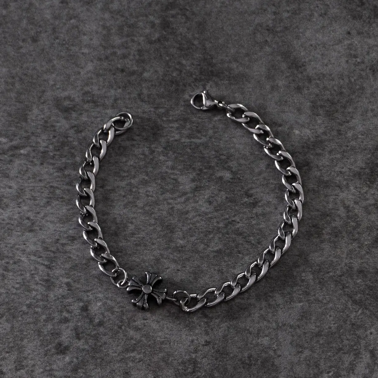 X.02 Stainless Steel Cuban Link Chain with Gothic Cross Minimal Industrial Design Tarnish Resistant Handmade Bracelet