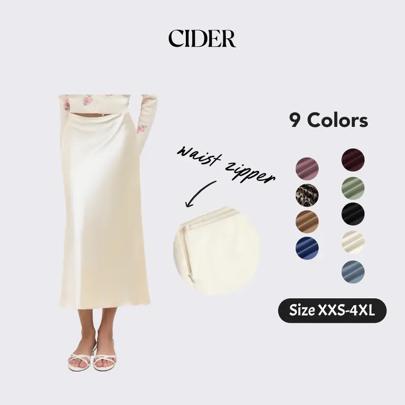 Cider Satin Solid Ruffle Long Skirt High-Waist Midi Skirt Glossy A-Line Fashion Bottom