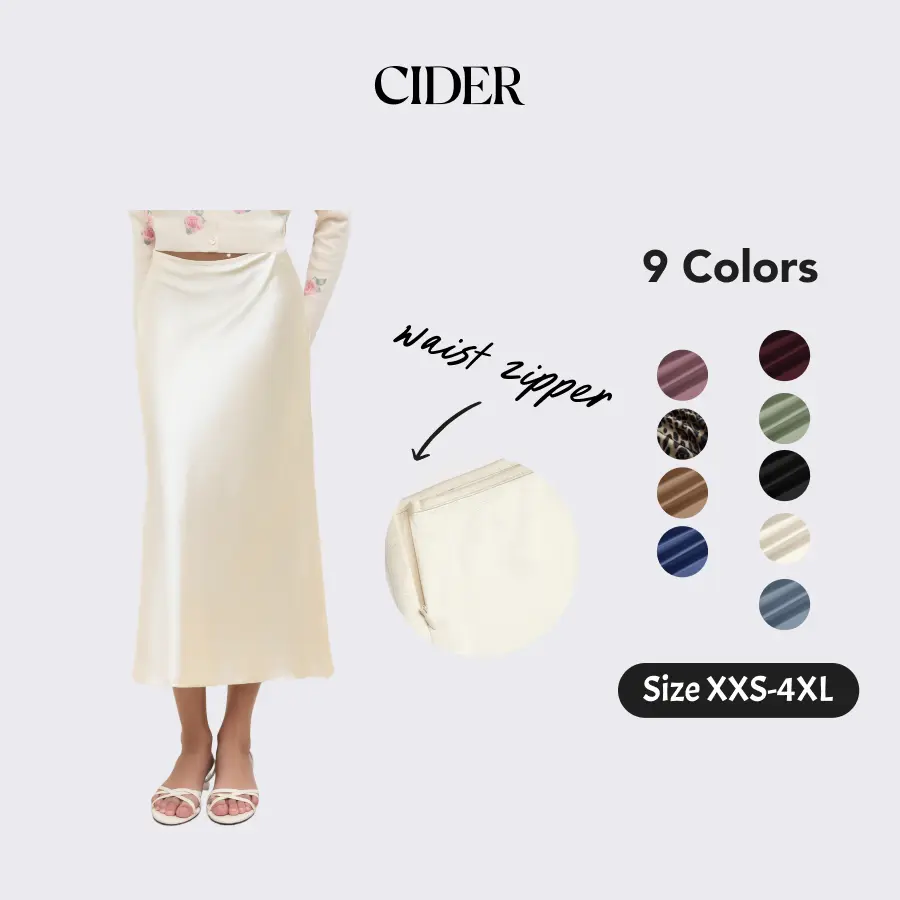 Cider Satin Solid Ruffle Long Skirt High-Waist Midi Skirt Glossy A-Line Fashion Bottom