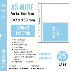 K-KEEP [A5 Wide] - 2 Pocket Postcard, 7 Holes Premium Binder Pages, 100 Micron Thick, High Definition (Pack of 25) - S2-05