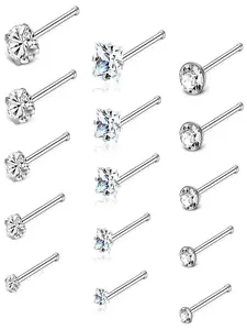 15 Pcs Bone Nose Rings Studs Set Nose Ring Jewelry Trendy & Versatile 20G Hypoallergenic Surgical Steel Straight Pin Design For Women Men Casual Dating Daily Outfit Present