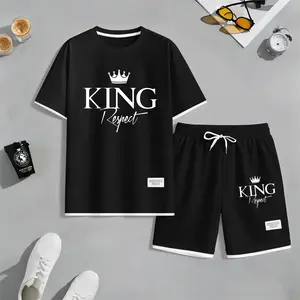Men's Crown King Print Waffle Fabric Short-Sleeved Shirt And Shorts Set
