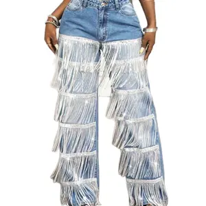 Women’s blue denim tassel jeans