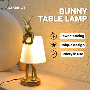 SAKRINGT Bunny Table Lamp – Vintage Resin Rabbit Light with Linen Shade, Antique Gold Desk Lamp, Cordless Decorative Lamp for Bedroom, Living Room, Home Decor Gift