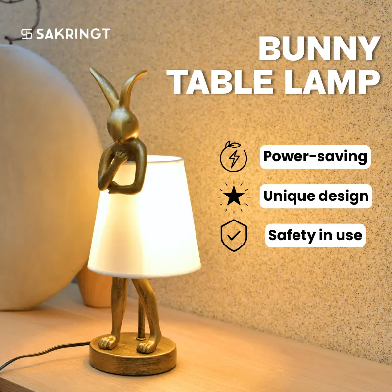SAKRINGT Bunny Table Lamp – Vintage Resin Rabbit Light with Linen Shade, Antique Gold Desk Lamp, Cordless Decorative Lamp for Bedroom, Living Room, Home Decor Gift