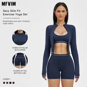 MFVIM women’s color-block high-stretch sports bra, high-waisted shorts, and zip-up cropped jacket set; breathable, comfortable activewear for yoga, gym, and running; athletic outfit, one-piece set