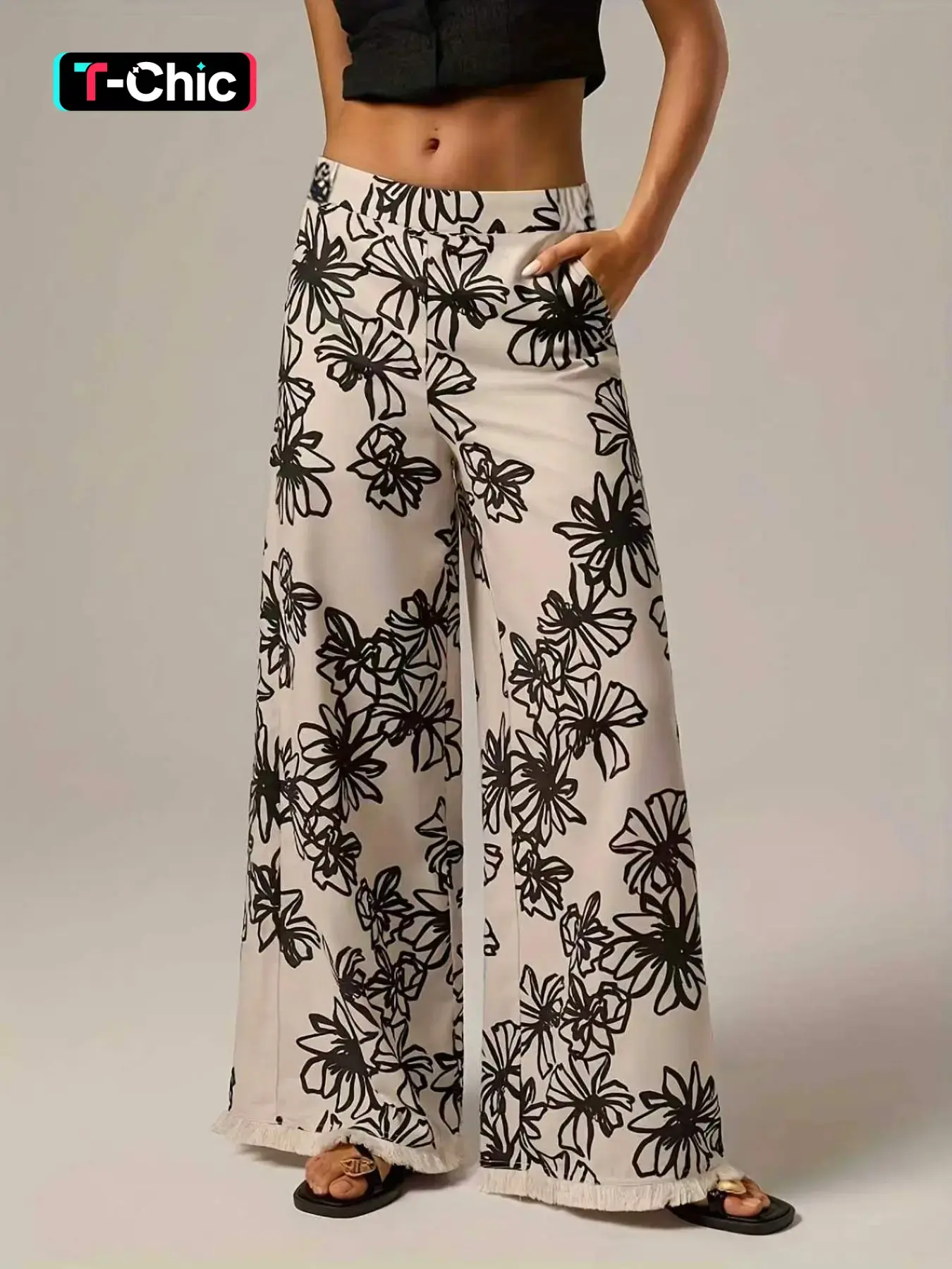 Women's Elegant Floral Print Wide Leg Pants, Ladies Bottom Fringe Long Trousers, Stylish Casual Wear for All Seasons, Casual Chic Trousers, Womenswear